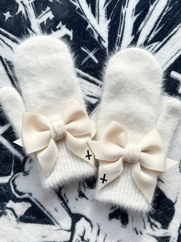 Black Print Gothic With Bowknot Details Gloves White Full-finger Cross