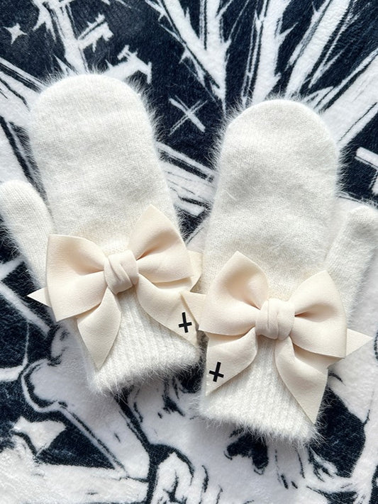 Schwarzer Print Gothic mit Bowknot Details Handschuhe Weiß Vollfinger Kreuz