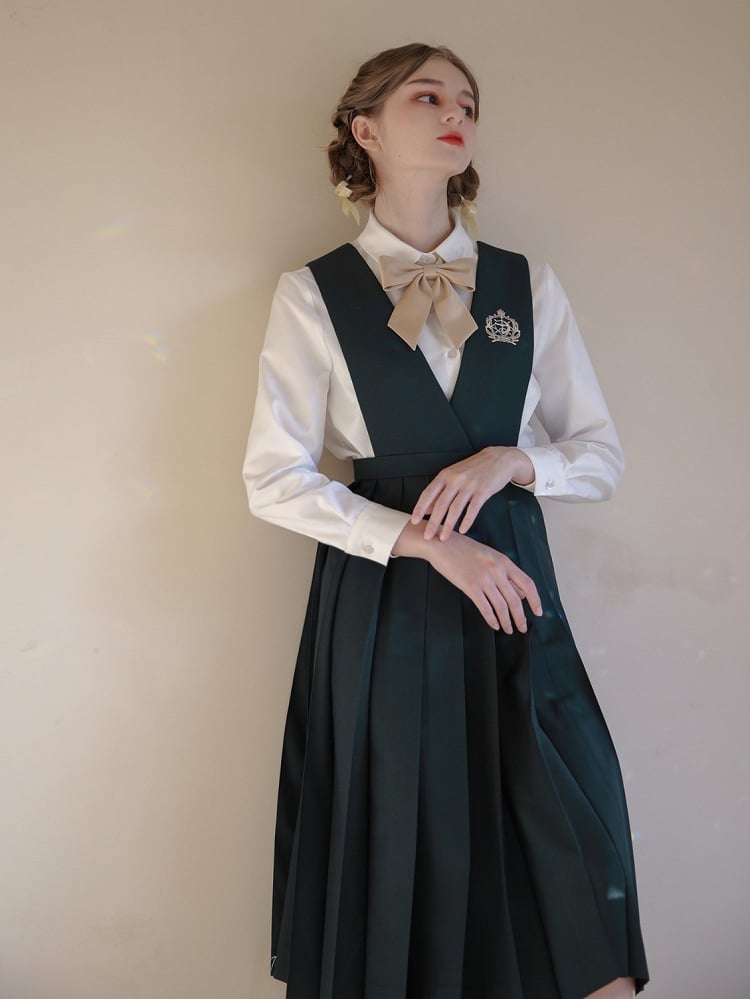 Green Belt with Embroidery 65 Preppy Overalls Box Pleat Skirt / and 70cm Dark