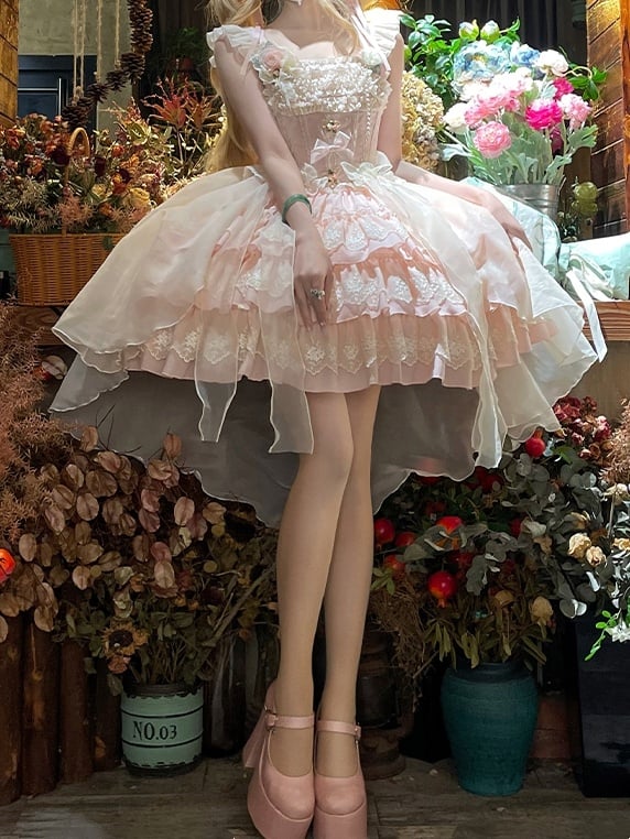 Fabric Jacquard Skirt Tiered Lolita Dress Jumper Balletcore Sweet Rosette Pink Accents