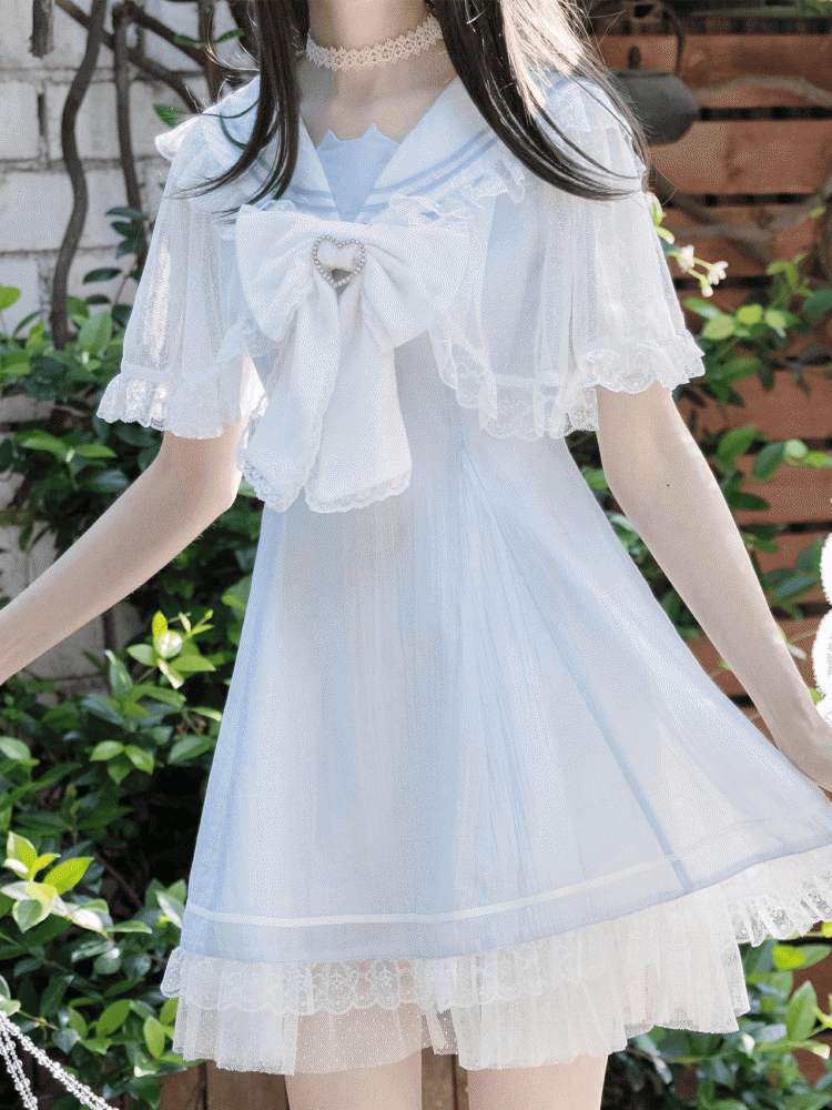 with Cape Light Blue Jirai Kei Sailor Collar Lace Dress Design Bowtie