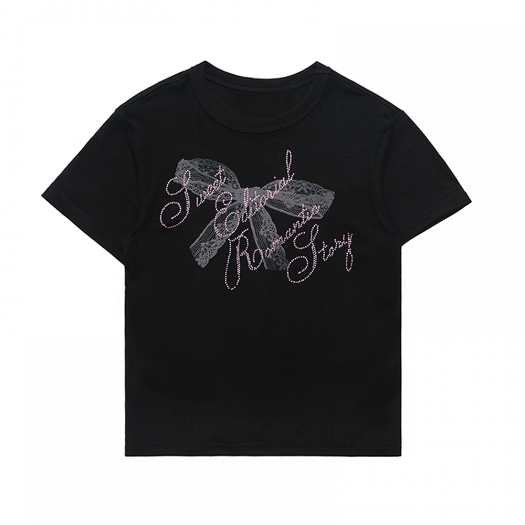 Neck Strass Spitze Bowknot Print Schwarz T-shirt Lila Brief Crew