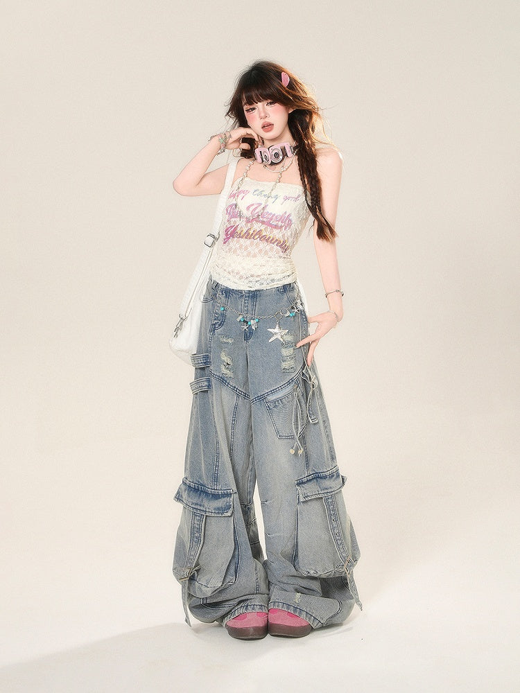 Wide-Leg Jeans Cargo Pockets Blue Distressed Holes Buckle Straps