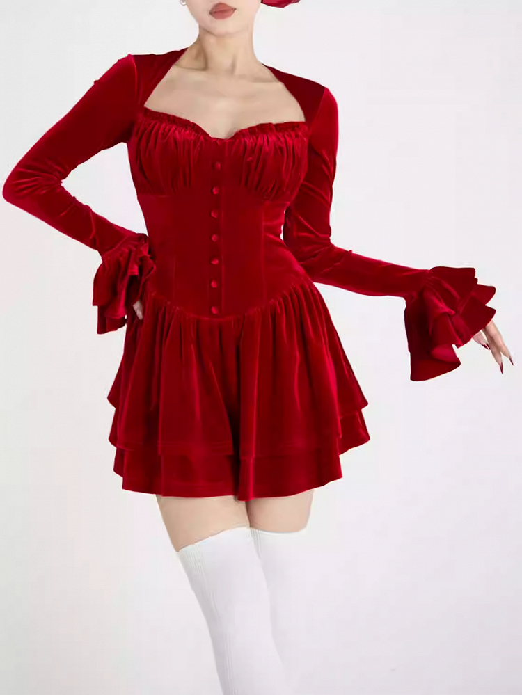レッドベルベットのVネックベルスリーブグラマラスティアードスカートミニドレス