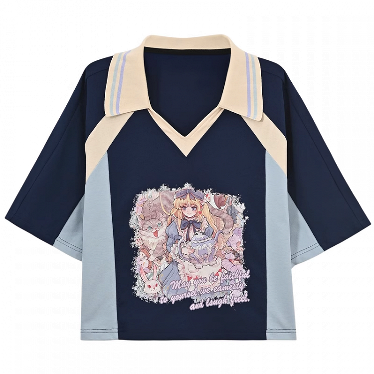 Version Marineblaues Colorblock-Design, V-Ausschnitt, Anime-Mädchen-Print, lang/kurz