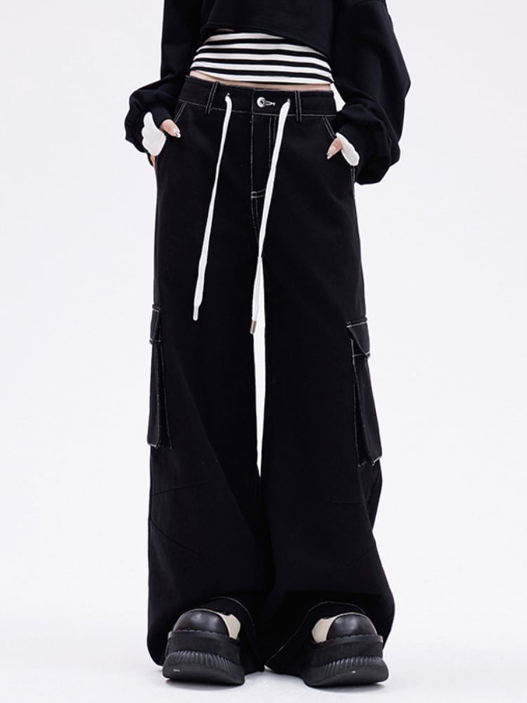 Self-tie Strap Design Wings Cargo Pocket Wide-Leg Jeans with Black Angel