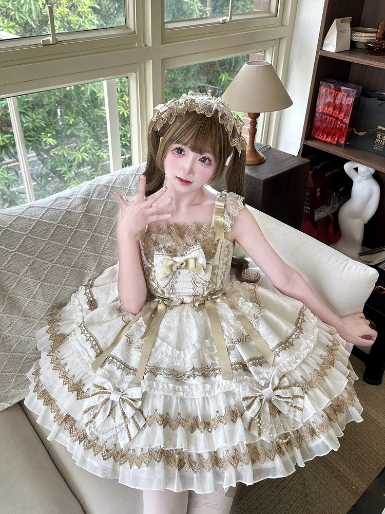 Bead Lolita Decorated White Dress Bows Chain Tiered Skirt Princess