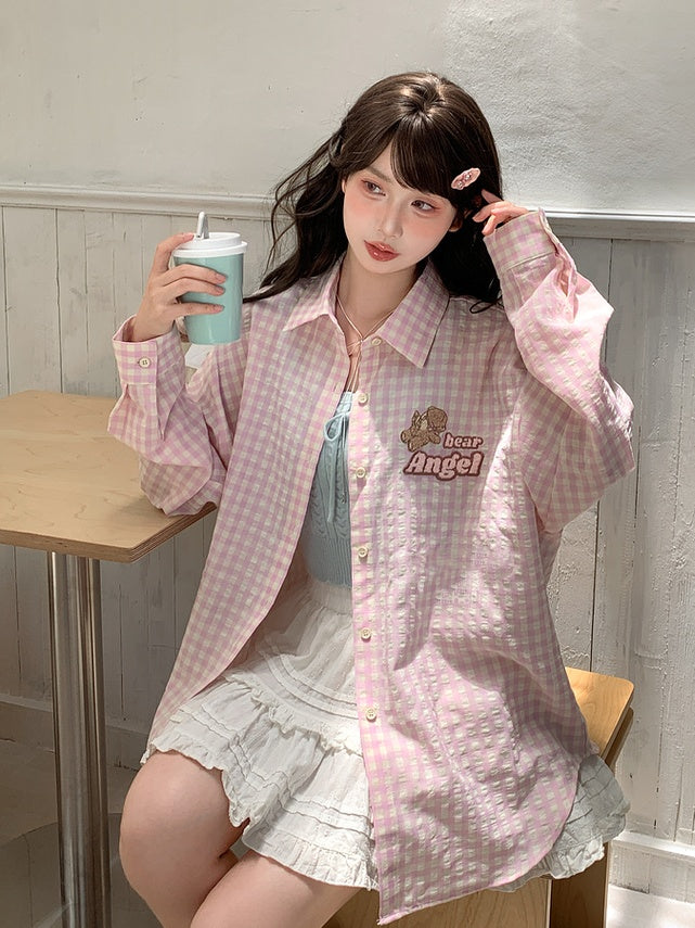 Pink Loose Plaid Shirt Adorable Bear Embroidery