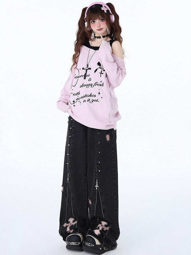 Waist Black Detail Jeans Punk Design Studs Zips High