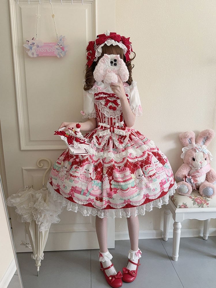 Red Bunny Lolita Jumper Cherry Skirt Print and Dress Sweet