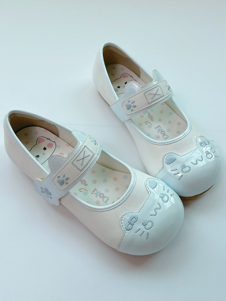 Sweet Paw Flat Accent Details Blue PU Lolita Closures Velcro in Shoes Ear Kitty Strap