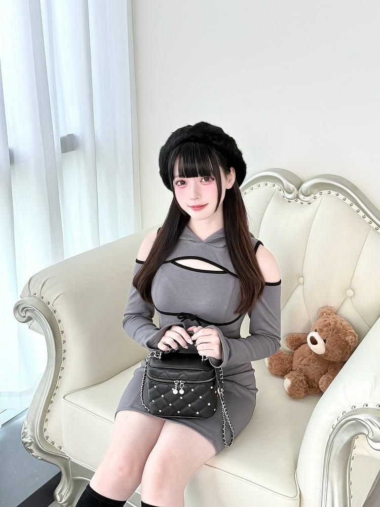 Jirai Hoodie Shoulder Gray Daywear Cutout Kei Above-Knee - Chest Dress