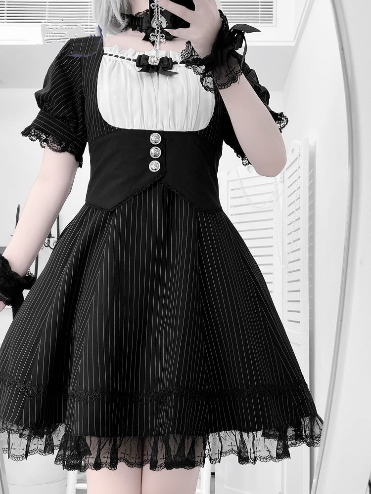 Kleid Schwarz Voll Gestreiften Taille Jirai Kei Set Korsett Gürtel Design bei mit