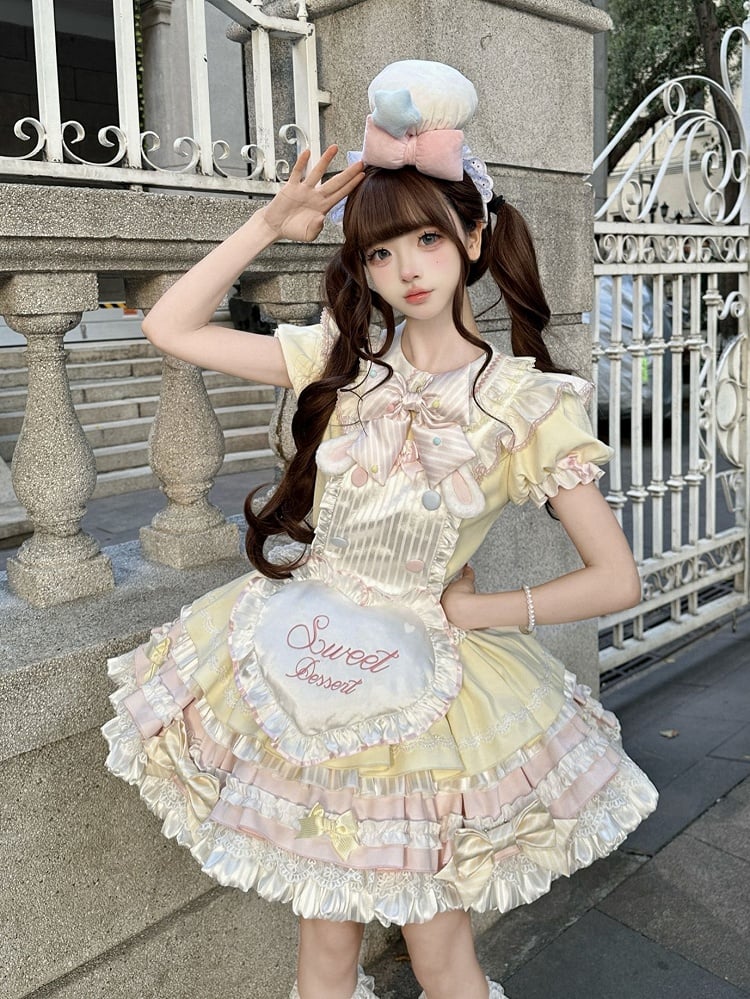 Theme Pink Yellow and Sleeves Puff Lolita Maid Sweet Bunny Dress