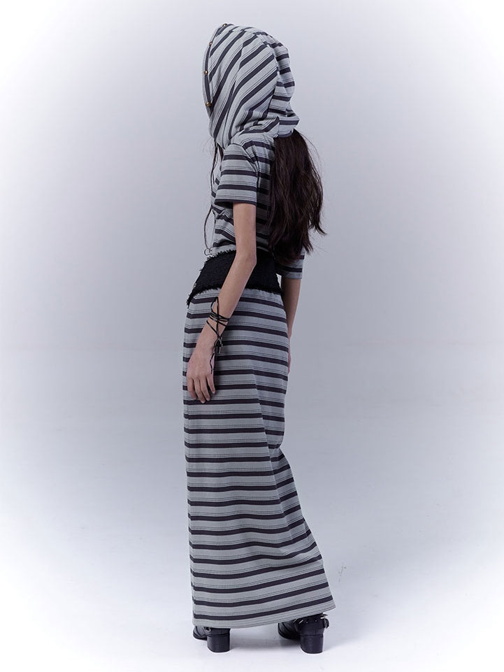 Cutout Wasteland Punk Hooded Buckle Gray Green Striped Dress and with Belt Shoulder