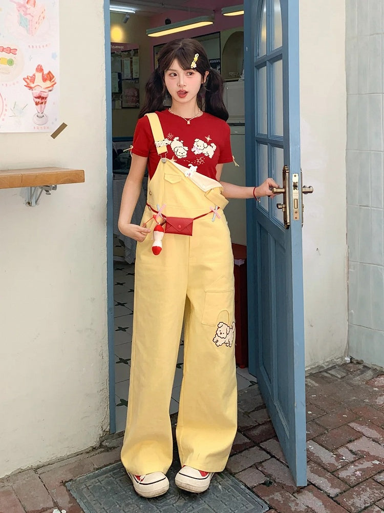 Cut Cartoon Puppy Embroidery Straight-leg Yellow Overall Pants