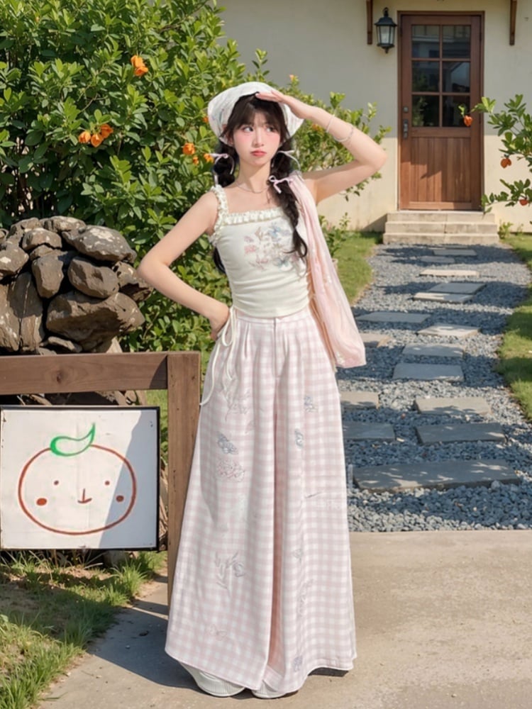 White Ruffled Waist Tank Top Square Neckline Butterfly Print Drawstring