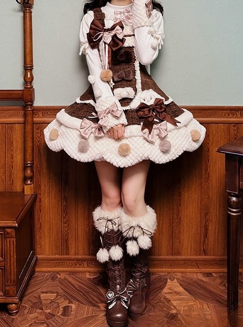 Dress and with Scalloped Brown White Sweet Trim Lolita Overalls Pom-poms Bowknots Edge