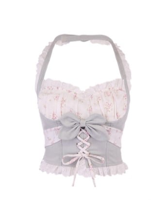 Denim-Blue Floral Lace-Trim Halter Top With Bow Accent