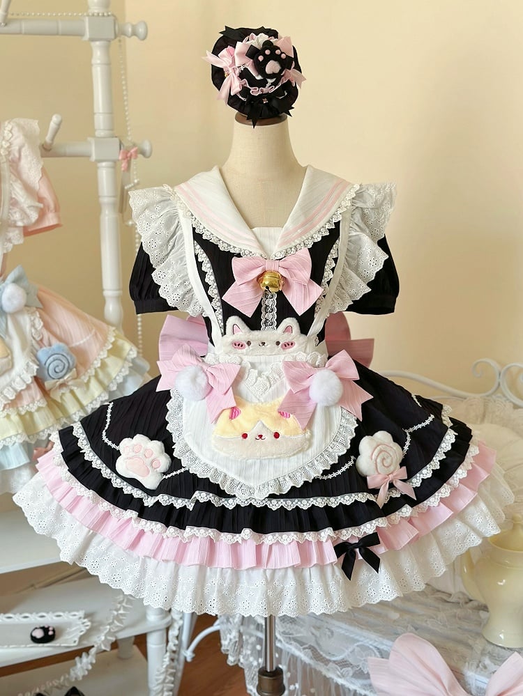 with Maid Pink Sailor Collar Apron Heart Lolita Black and Sweet Dress Kitty