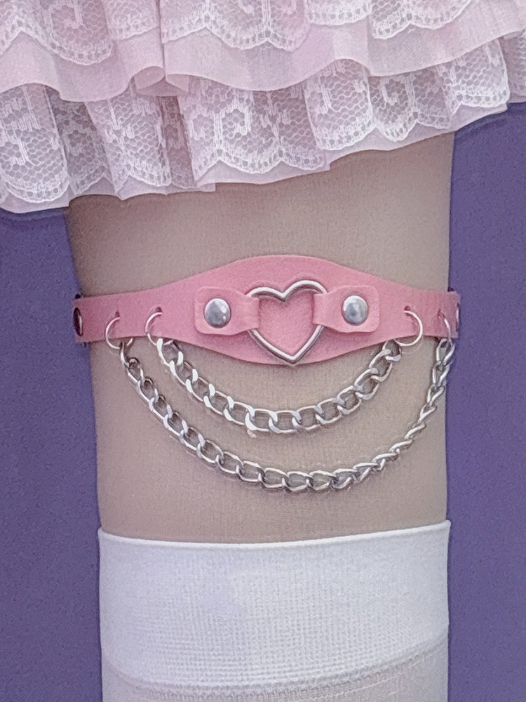 Heart Decorated Chain Glamorous PU Black/Pink/White Leg Charm Loop Studs Y2K