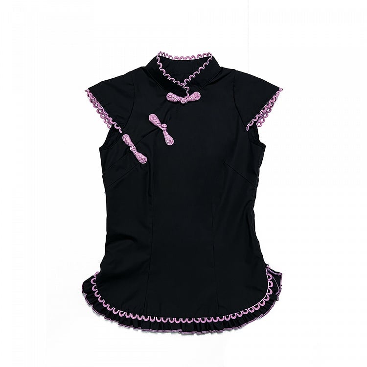 Haut noir sans manches à boucle cheongsam