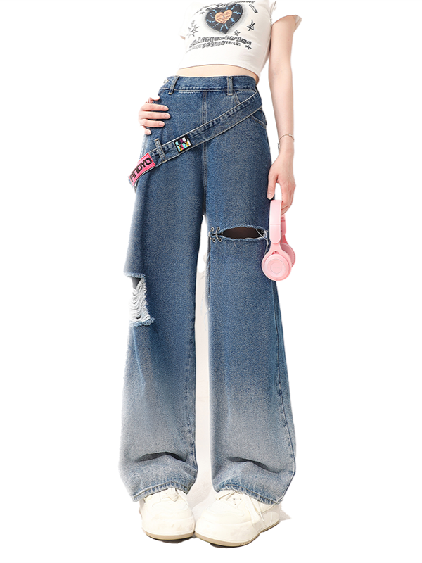 Pants Navy Blue Distressed Asymmetrical Holes