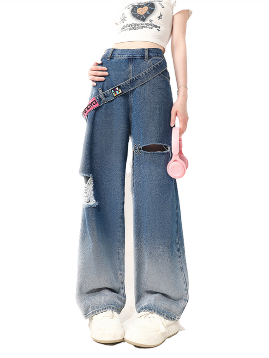 Pants Navy Blue Distressed Asymmetrical Holes