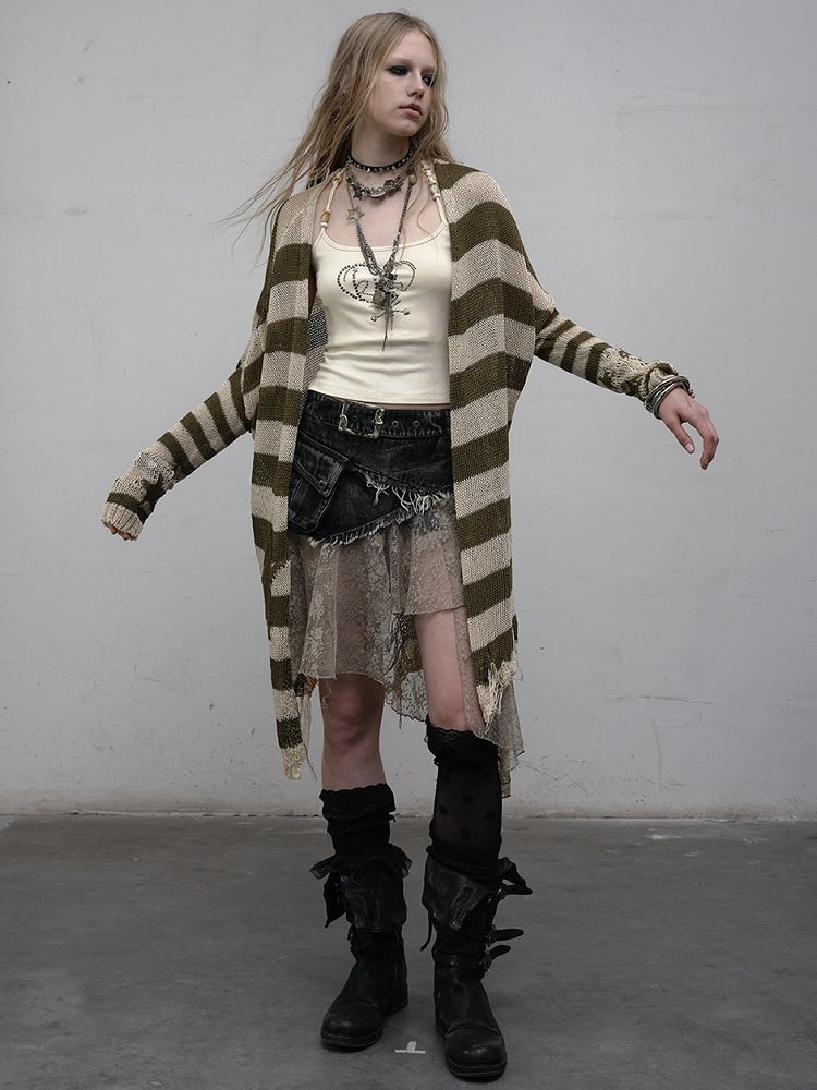 Pattern Striped Punk Cardigan Wasteland Green