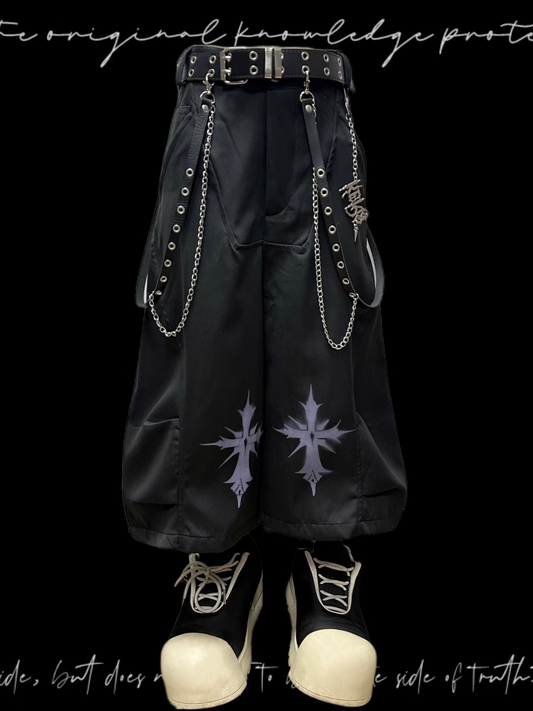 Rock Y2K Wide-leg Pants Free Charm Black Cross Print Punk with