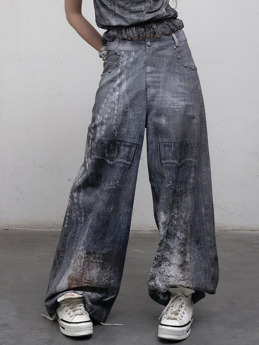 Print Lace Jeans Cut Wide-leg Blue Chain Punk Wasteland Details