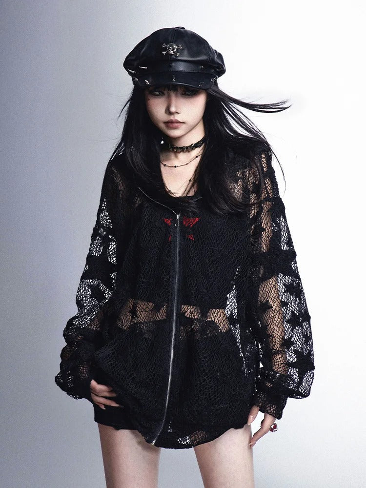 Jacket Y2K Protection Black Star Pattern Hollow-Out Sun Hooded