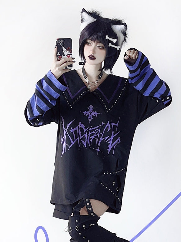 with in Sleeves Purple Pointed Black Top Graphic Contrast Striped White / Sailor Collar