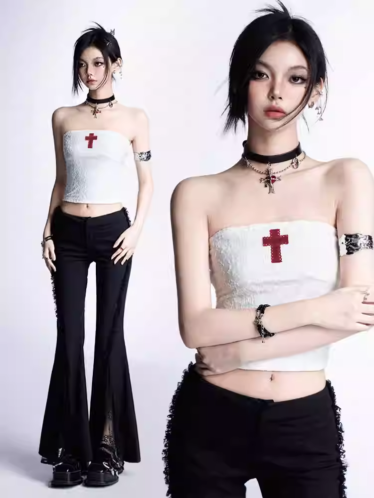 Strapless Top/Red Cross Tiered Skirt Gothic Red Cross Applique White Cropped Charms
