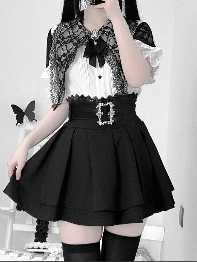 Details Blouse +Tiered Skirt White Pleating Collar Flat Set-Pointed Jirai Kei