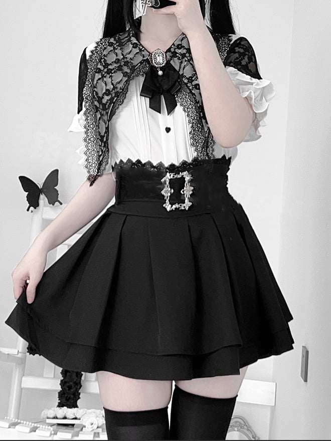 Black Elastic Waist Lace Skirt with Buckle Belt Trim