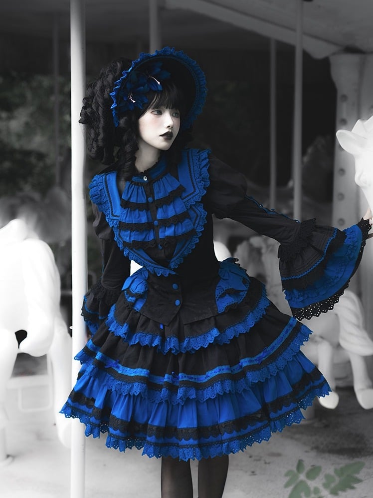 Waistcoat Skirt Gothic and Shirt + Sleeves Lolita High Waist Blue Black Bell - Set Klein
