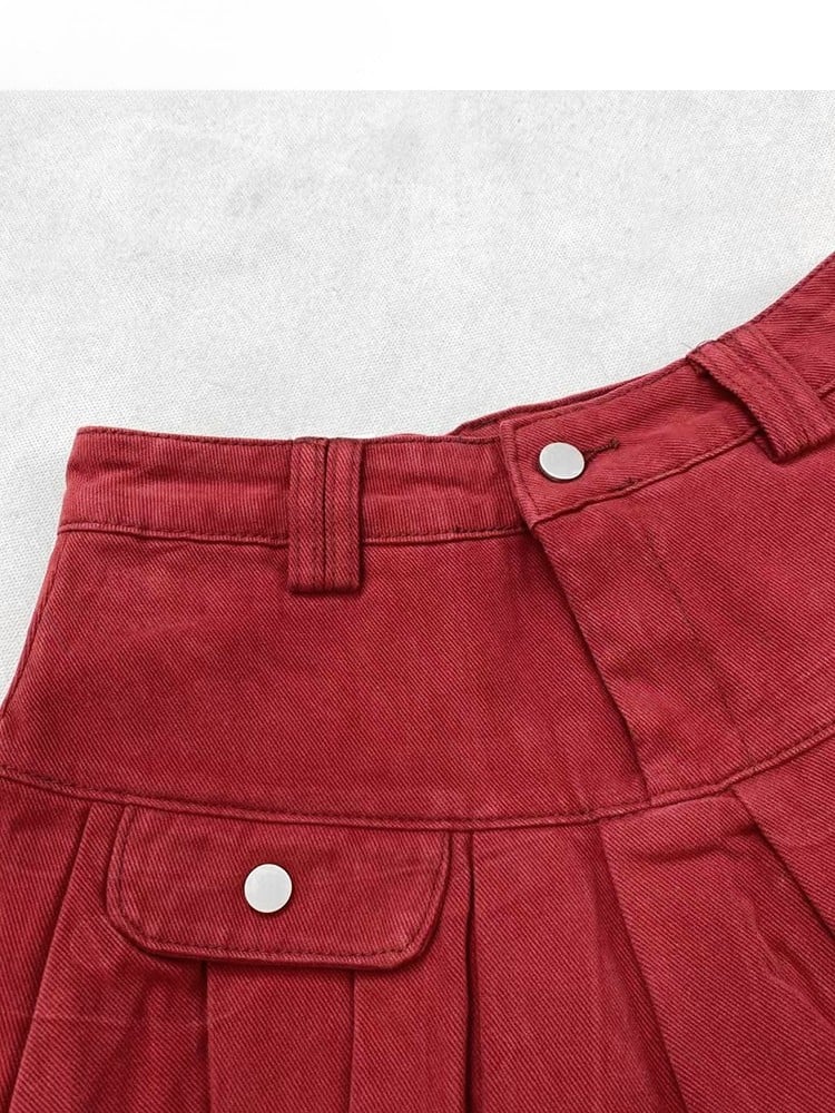 Pleated Denim Skirt Red Christmas