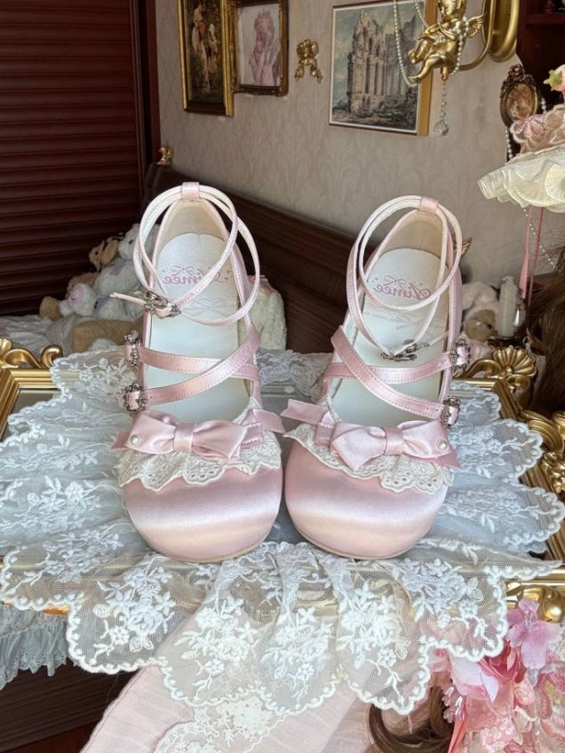 Bow Accents Lolita Sweet with Trim Wedge Crisscross Heels Lace Straps - Satin Pink