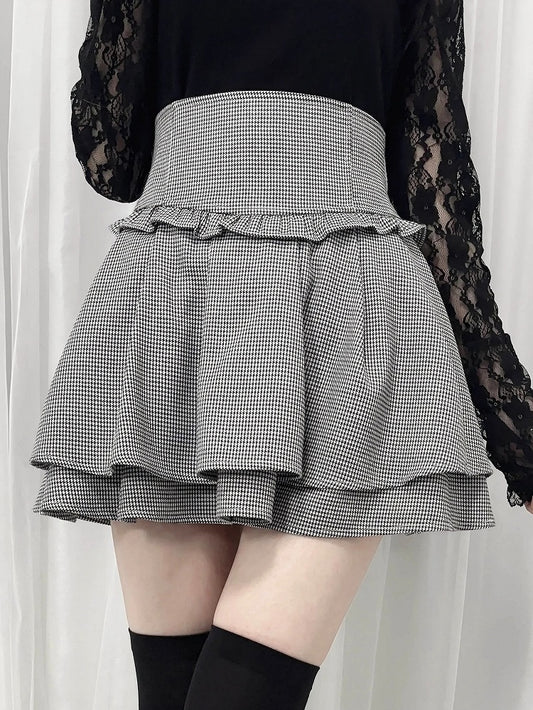 Houndstooth Corset Waist Double-Layered Skirt Black Jirai Kei