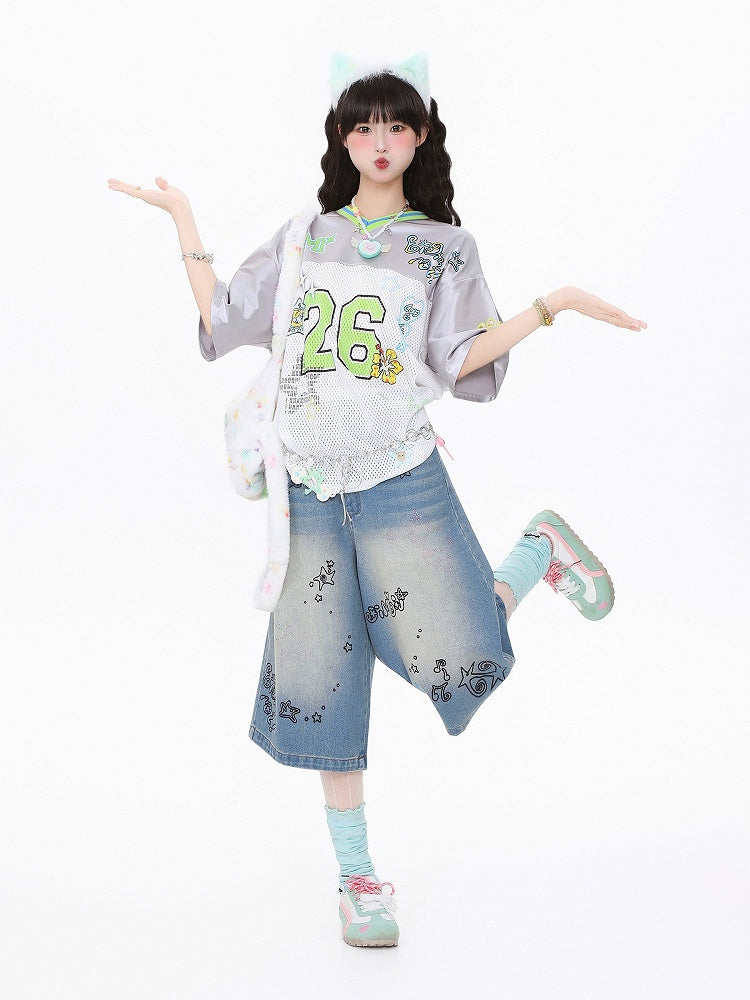 Breathable Satin Jersey T-Shirt with Contrast Collar and Number Print Pink/Green