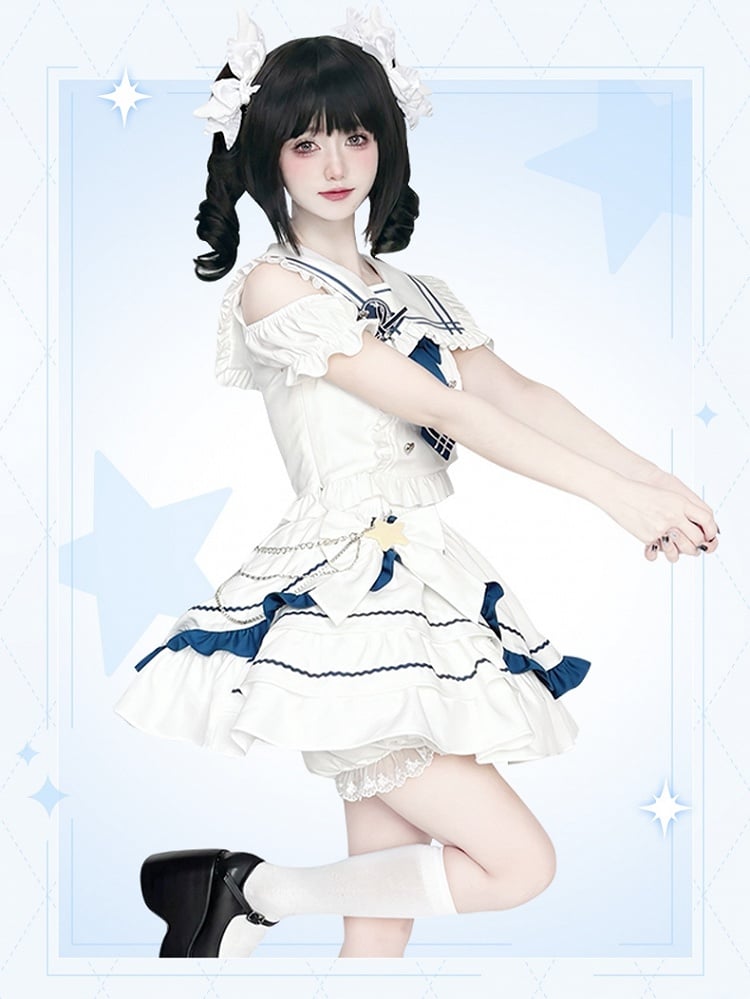 Shoulder Top Cutout Skirt White with Tiered and Sailor Collar