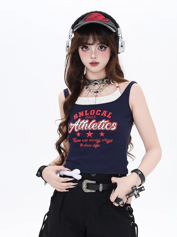 Faux Red Navy Blue/White Two-pieces Tank Top Letter Print Vintage Glamorous