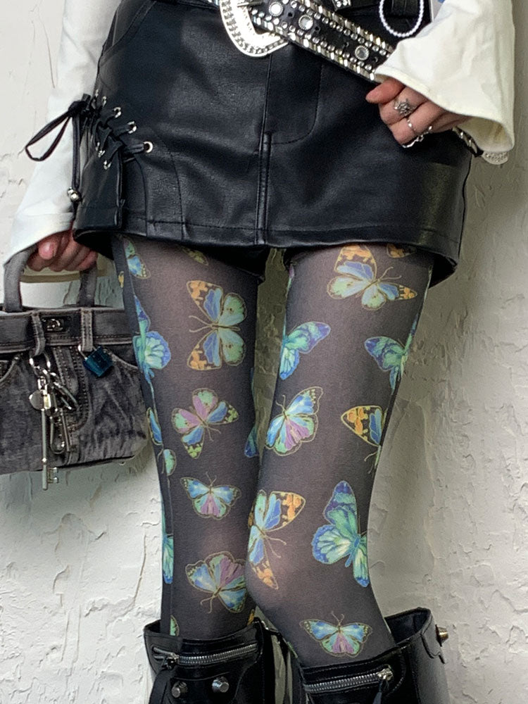 Punk Schwarze Y2K Schmetterlingsstrumpfhose