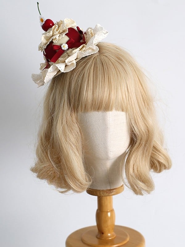 Schleifenclips mit Hut Mini Lolita Design Cherry Daisy Süß verziert BeigeRot Details