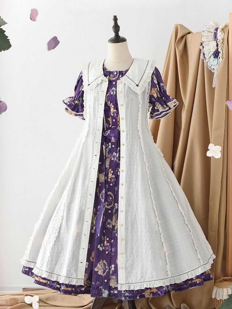 Short Grape Kitty Sleeves Print One Pink Dress Lolita and Piece House Purple Fashion