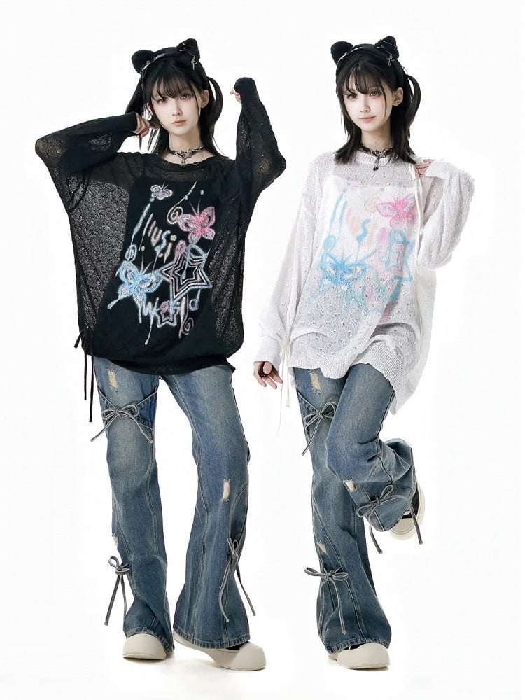 Bow Accents Flared Jeans Blue Faded Wash Distressed Holes Light