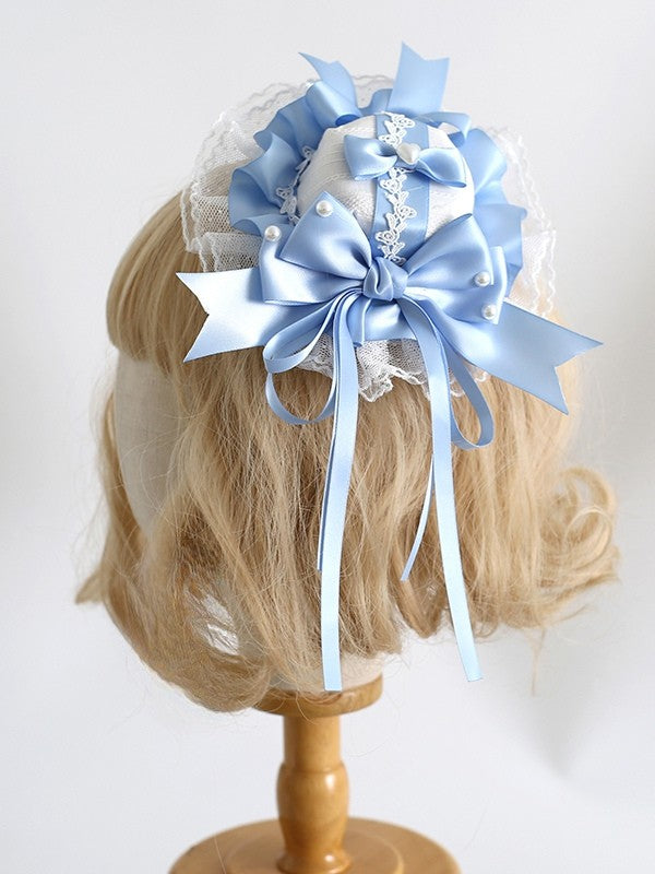 Blau-weiße Clips, Lolita-Dekordetails, süße Spitze, Perlen-Mini mit Hut und Schleife
