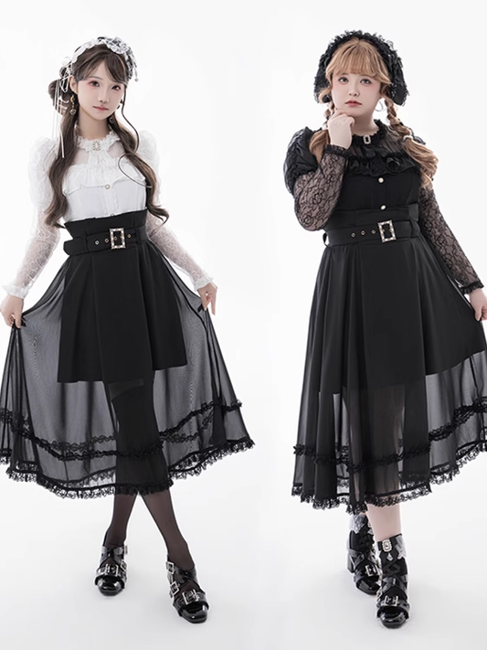 Skirt with Buckle Belt Black High Waist Mesh Overlay