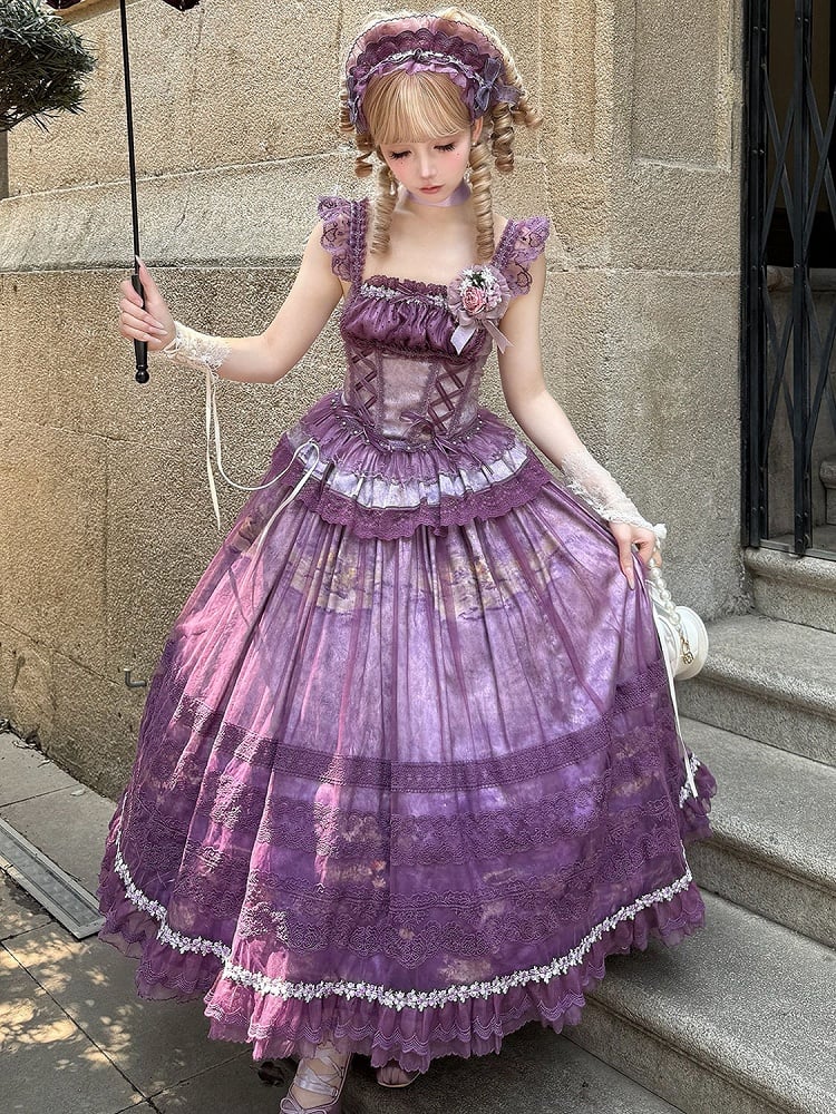 Skirt Basque + Purple Waist Painting Classic Boned Oil Top Lolita Overlay Print